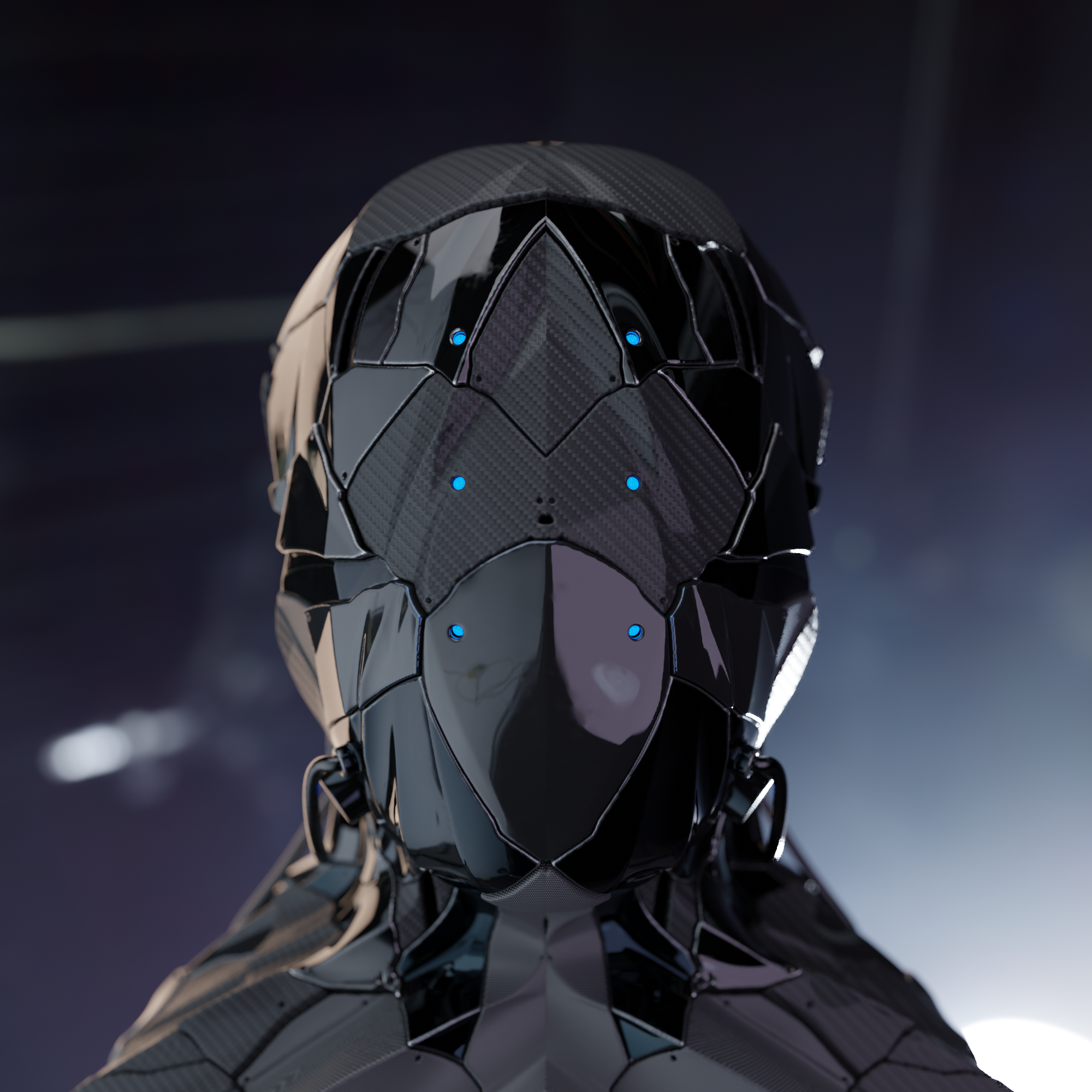 Dark metallic futuristic helmet with subtle blue lights facing head-on.